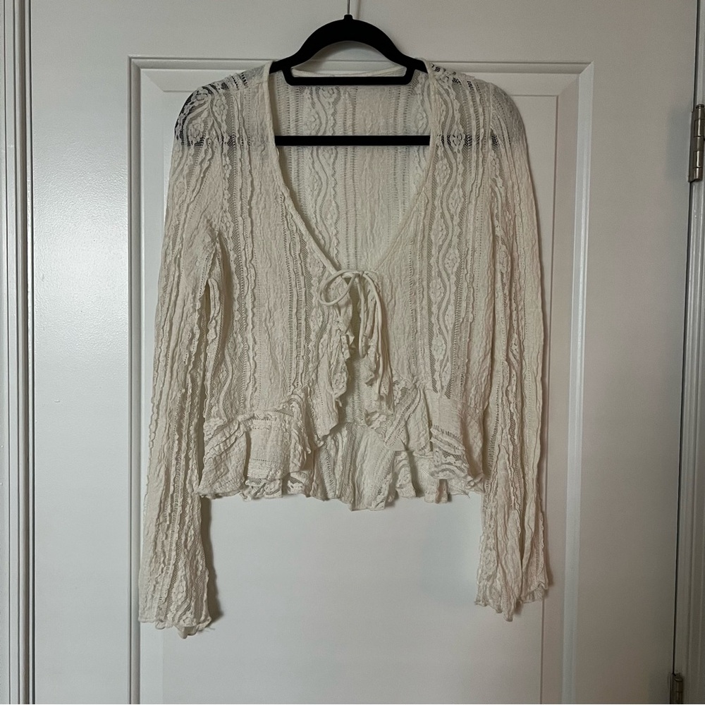 Cream Lace Tie-Front Cardigan